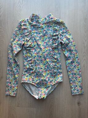 Mini Boden Floral Long-Sleeve One-Piece Swimsuit - Blue, Yellow, Pink, Green